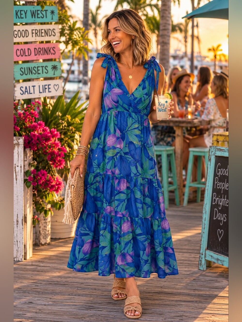 Caribbean Joe Floral Tie-Shoulder Maxi Dress Medium